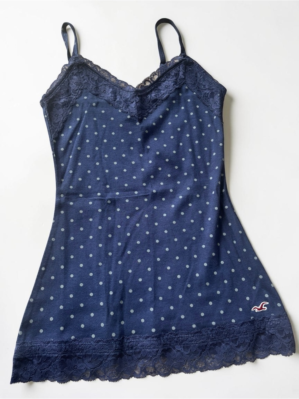 Hollister Navy Blue Polka Dot Lace-Trim Cami Tank Top Y2K Revival Coquette M